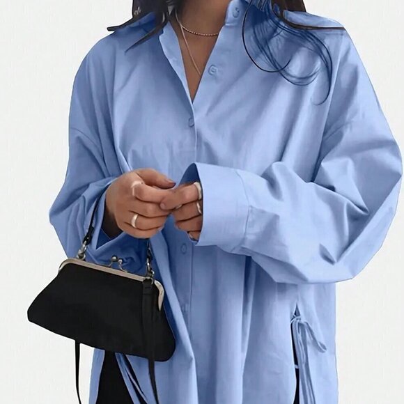 Blue Casual Women's Solid Color Drop Shoulder Long Sleeve Shirt - Picture 1 of 5